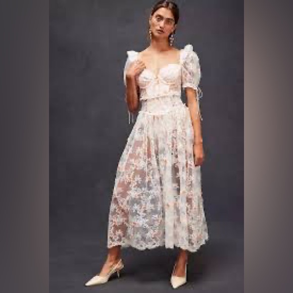 For Love & Lemons White Floral Lace Midi Dress